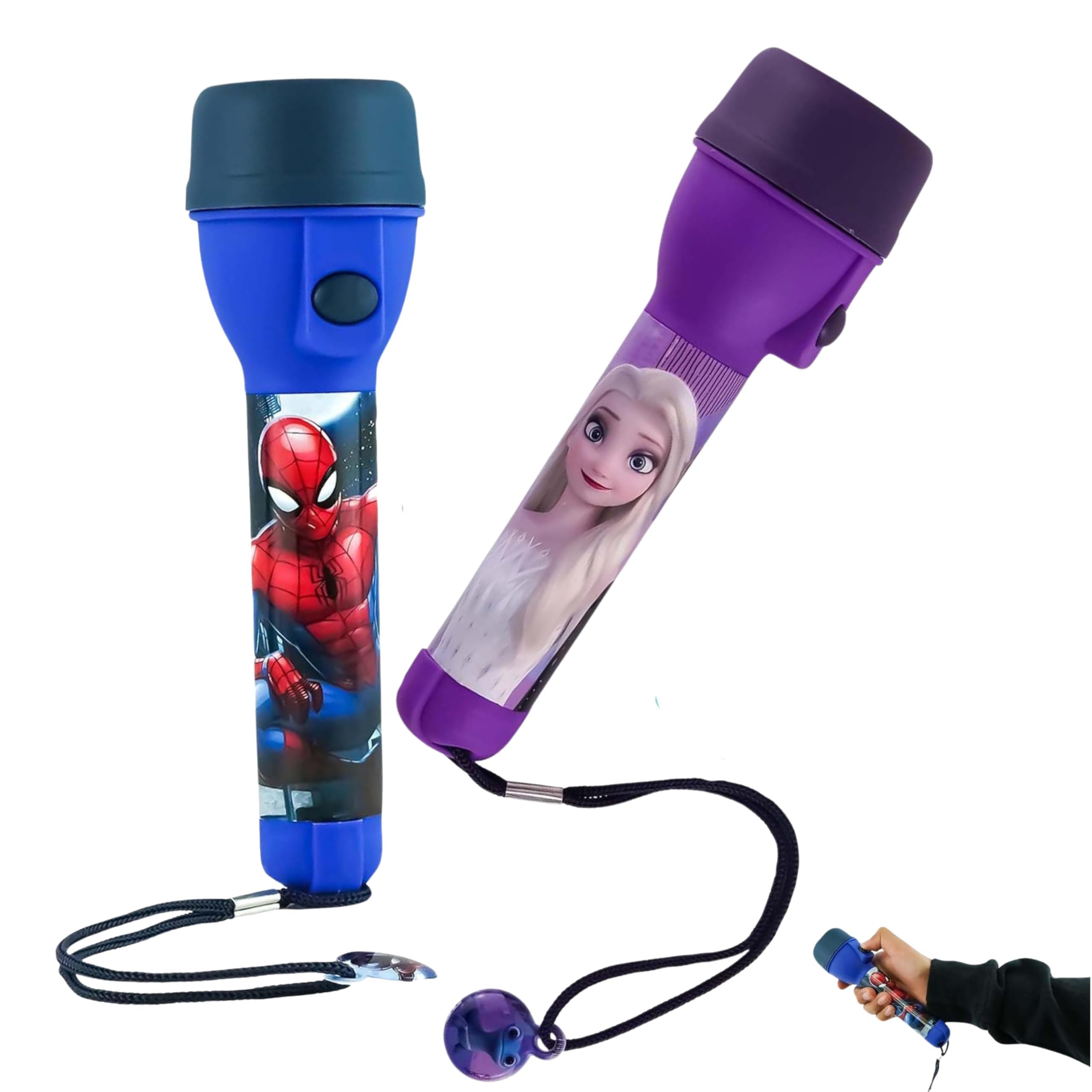 Srv Hub Spider-Man + Frozen 2X Outdoor Adventure Torches For Kids, Fun Plastic Spiderman And Frozen Led Torch, Flashlight For Christmas And Emergency Use | Luminous Range: 3.5 Meter, 2X 1.5V Aa Batteries (Includes), Size 16Cm