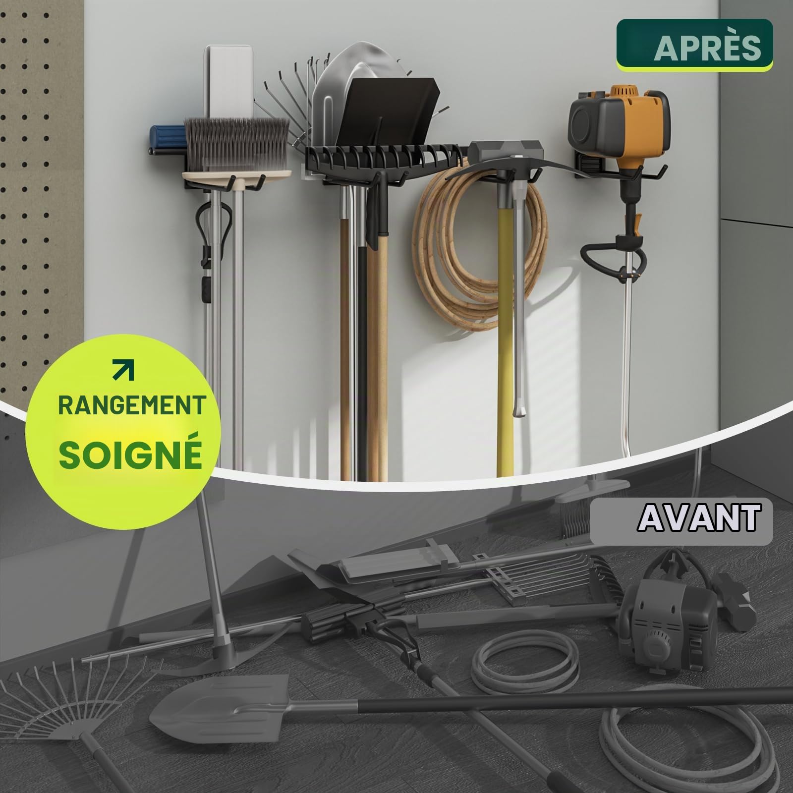 Crochets de rangement de garage – Support mural pour outils de jardin, organisateur d'abri de jardin pour accrocher des outils, lot de 4 crochets robustes pour pelles, râteaux, balais