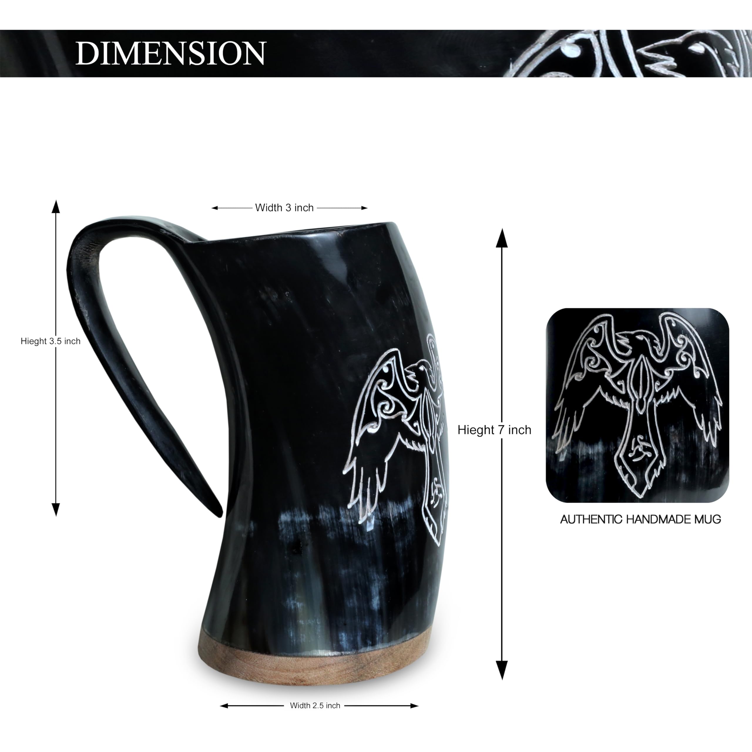 Viking Drinking Engraving Horn Mug 34oz | The Ultimate Unique Handmade Ox horn Mug for Cold Drinks - Vikings Horn cups Food Grade Medieval Style Man's Beer Mug