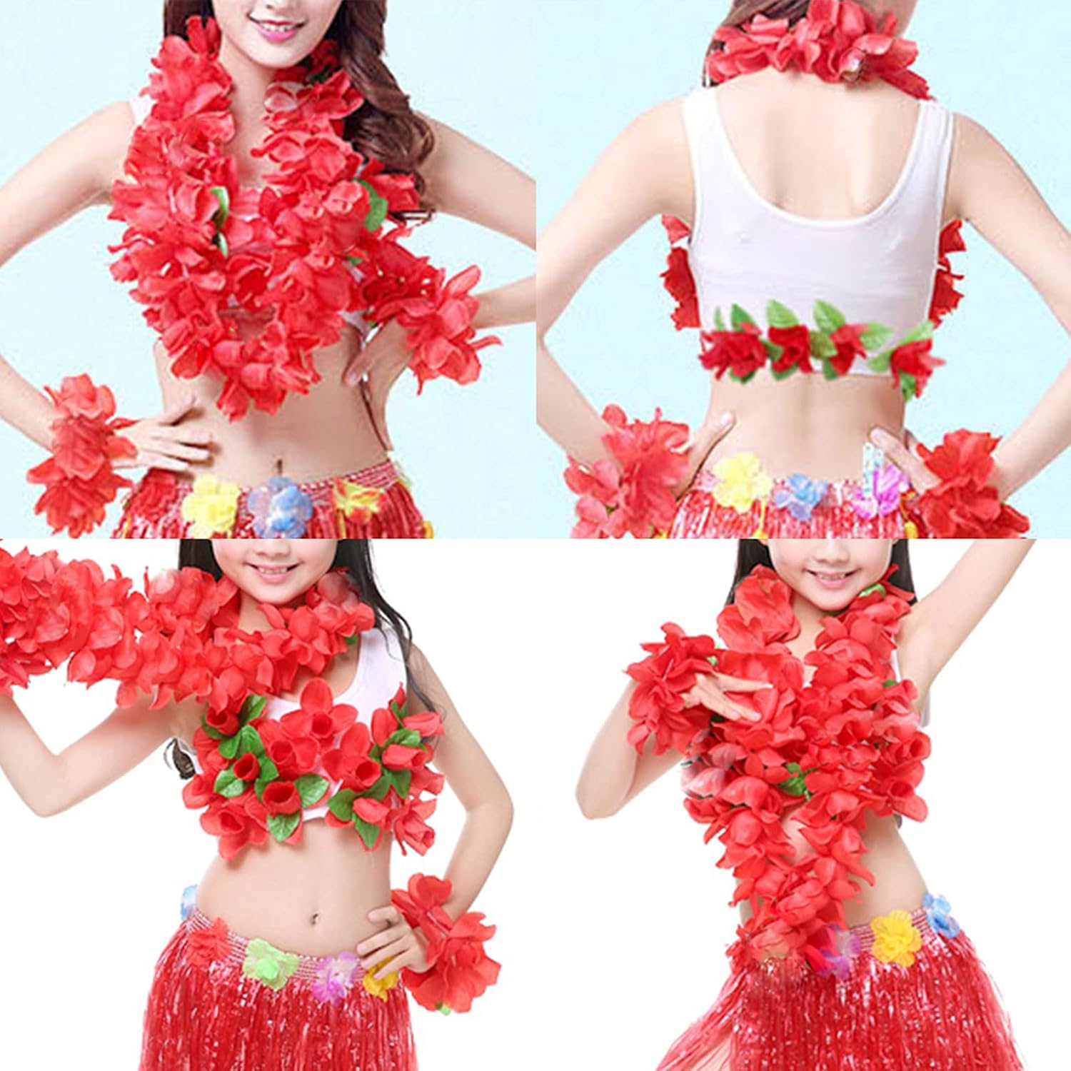Hawaiian Leis Headband Wristbands Flower Hair Clips Luau Tropical Women Necklace Headpiece Hair Bands Hairband Bracelets Summer Beach Pool Cosplay Dress Up Birthday Party Decorations Supplies Red image 5