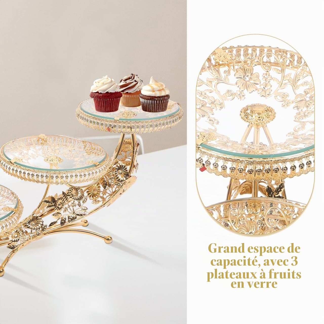 HEMOTON Plateau Doré en Verre Cristallin 21.26 X 10.63 X 7.48 Pouces Présentoir Gâteau Et Fruits Secs Élégant pour Cuisine Fêtes Banquets