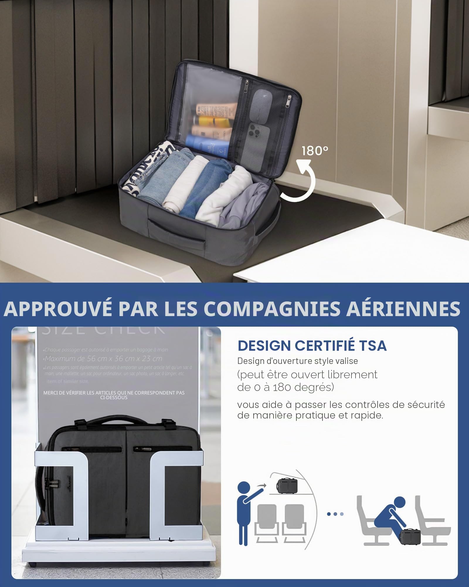 LOVEVOOK Sac a Dos Voyage Avion 40x30x20, Bagages Cabine, Bagage à Main Valise 24L, Port USB, Femme Homme, Ordinateur Portable 14 Pouces, Travail, Affaires, Gris