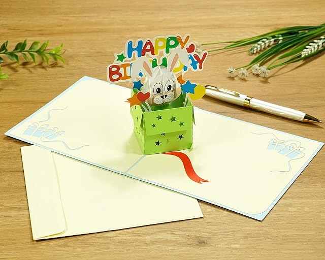 Happy Birthday Bunny Rabbit Surprise Gift Pop Up 3D card. A Delightful surprise birthday greeting card gift for Kids, Children, Daughter, Friend, Granddaughter, Grandson, Son, Sister, Brother