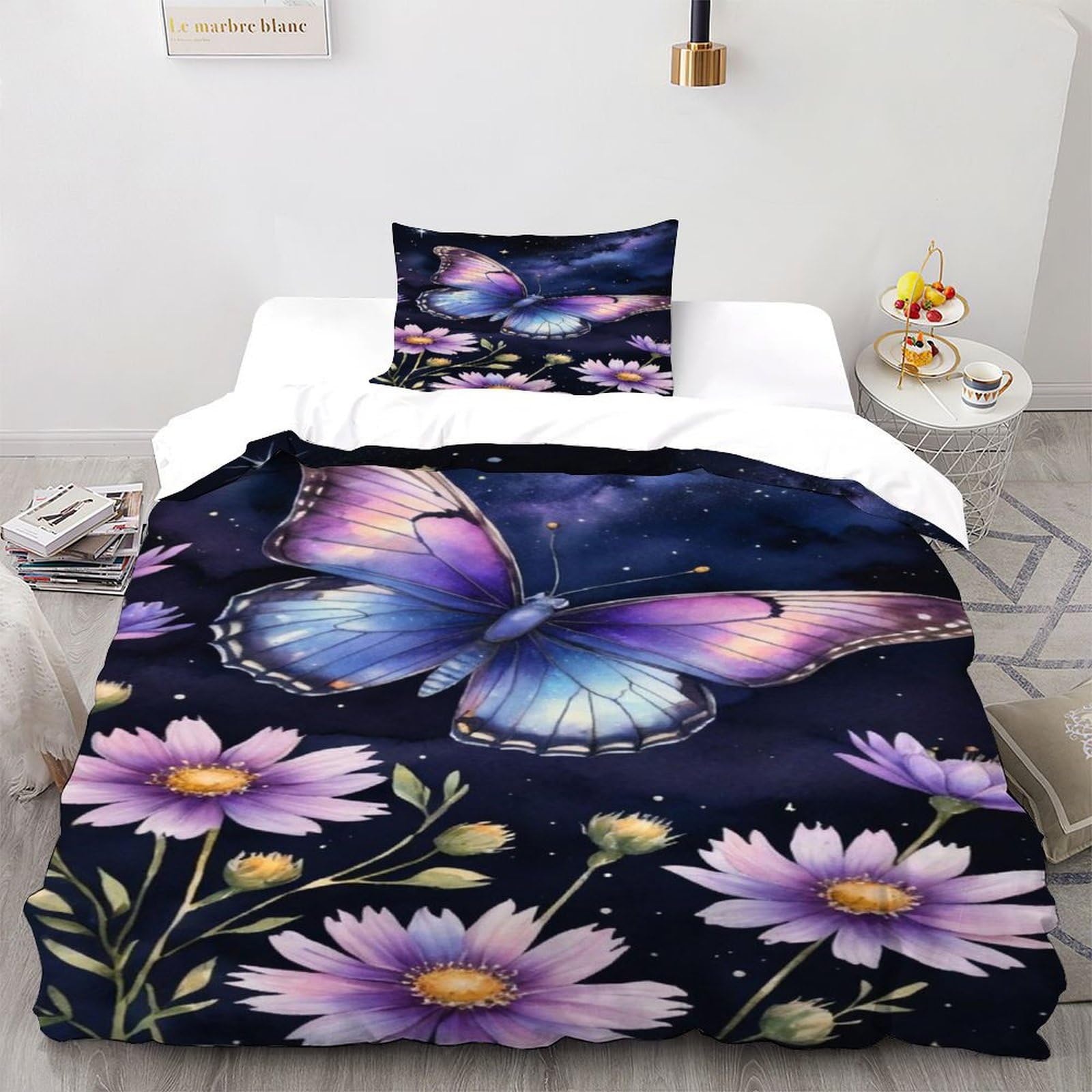 Housse de couette papillon anti-pli 135x200cm parure lit simple mignonne