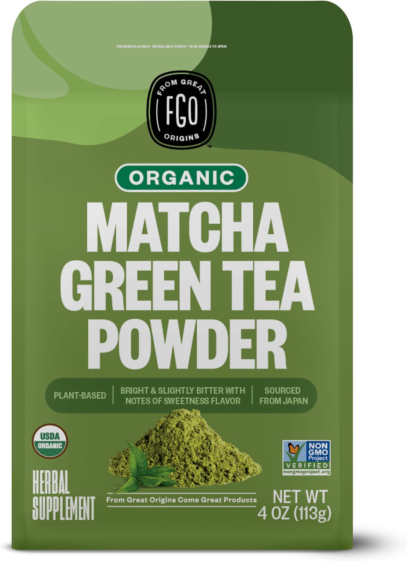 FGO Organic Matcha Green Tea Powder, Japanese Culinary Grade for Cooking, Baking, and Smoothies, 4 Ounce Resealable Bag, Packaging May Vary (Pack of 1)