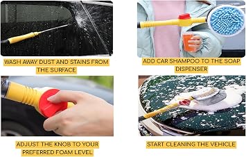 Rotating Car Wash Brush with Soap Dispenser & Hose Attachment Soft Bristle Car Spin Mop Washing Scrub Brush with Long Handle Water Flow Through High Pressure Car Cleaning Brush Kit Car Wash Hose