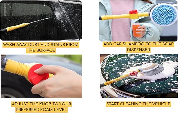 Rotating Car Wash Brush with Soap Dispenser & Hose Attachment Soft Bristle Car Spin Mop Washing Scrub Brush with Long Handle Water Flow Through High Pressure Car Cleaning Brush Kit Car Wash Hose