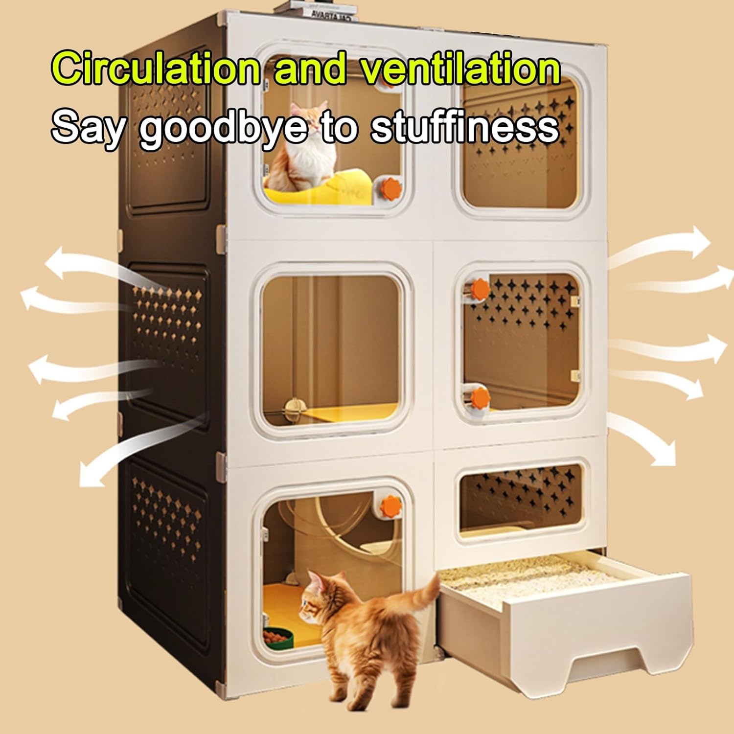 review Large Indoor Cat Enclosure, 2 Tiers Cat Catio Cat House with Transparent Windows and Knob Locks, Multi-Feature Enclosed Cat Condo with Cat Litter Box Drawer for Indoor Cats(Yellow,70*45*105cm)