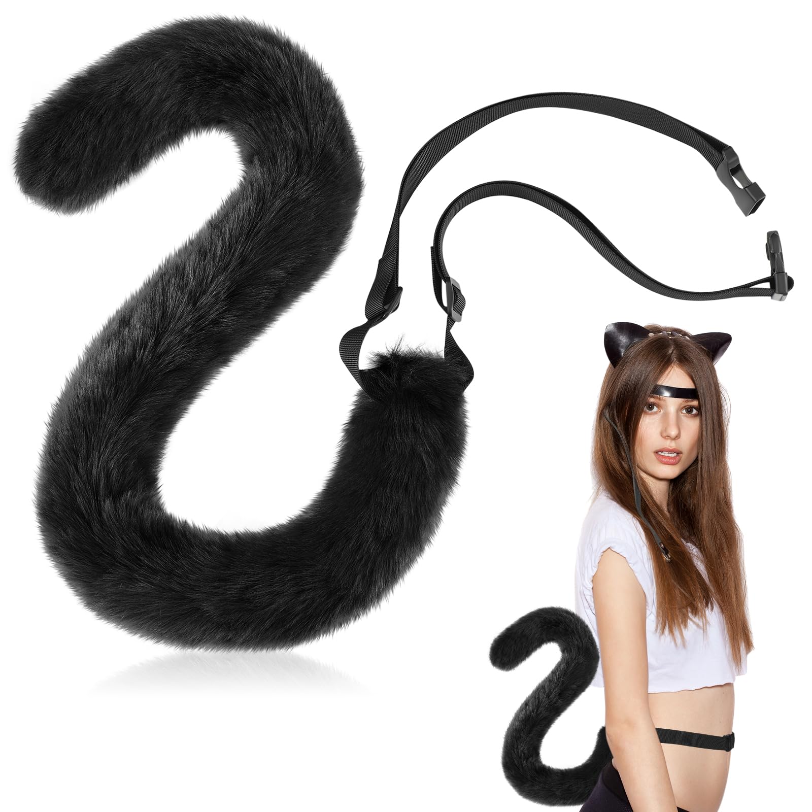 Boyiee Black 31.5 inch Cat Tail Fake Plush Fluffy Cat Faux Fur Tail Cosplay Halloween Accessories for Women Adults(Buckle Style)