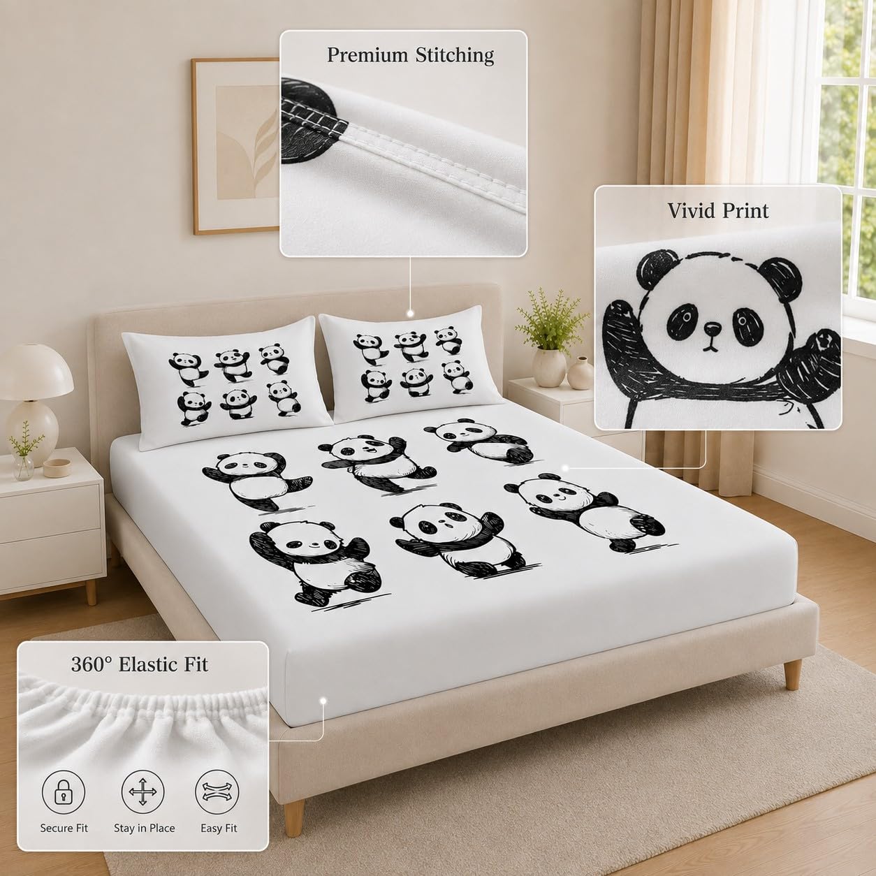 Lenzuolo con Angoli Matrimoniale Motivo Panda 200x200 cm