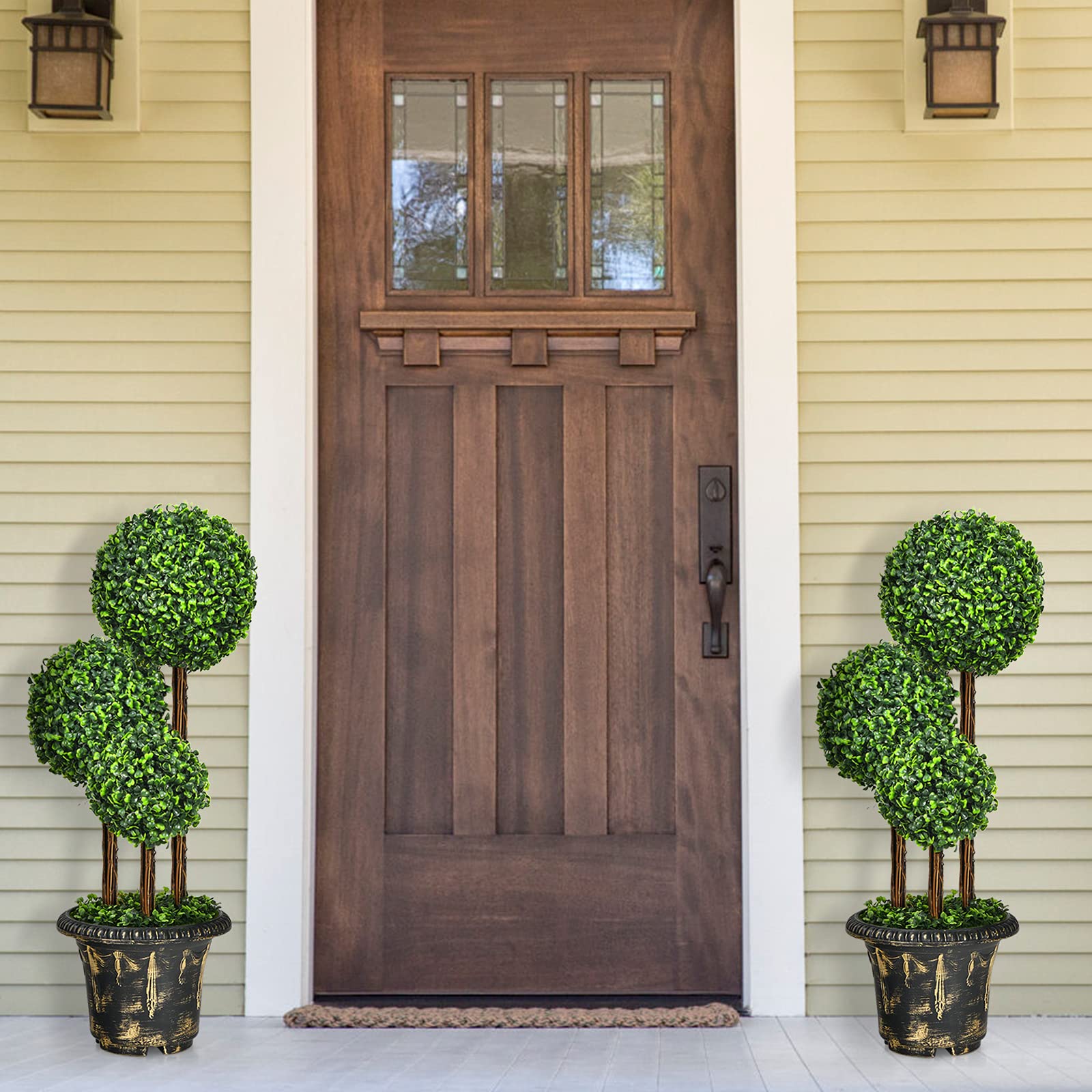 DREAMADE 3ft. Boxwood Topiary Fake Trees, Faux Topiary Trees w/Triple Balls, Metal Rod, Winding Vines, Topiary Trees Artificial Outdoor Indoor for Front Porch Office Home Balcony Garden (Set of 2)