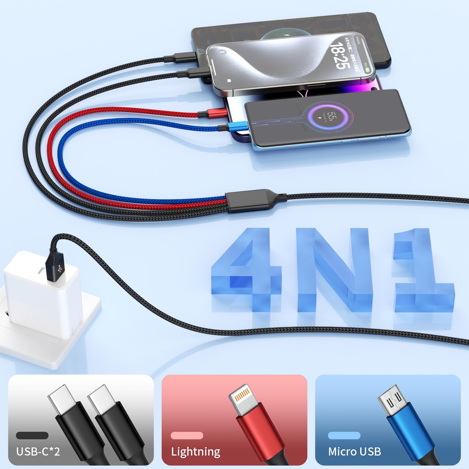 Cable de carga múltiple (2 unidades de 4 pies), cable de carga 4 en 1 de nailon trenzado múltiple cable USB universal para teléfono con tipo C, micro USB, puerto IP para iPhone 16/15 Series/teléfonos