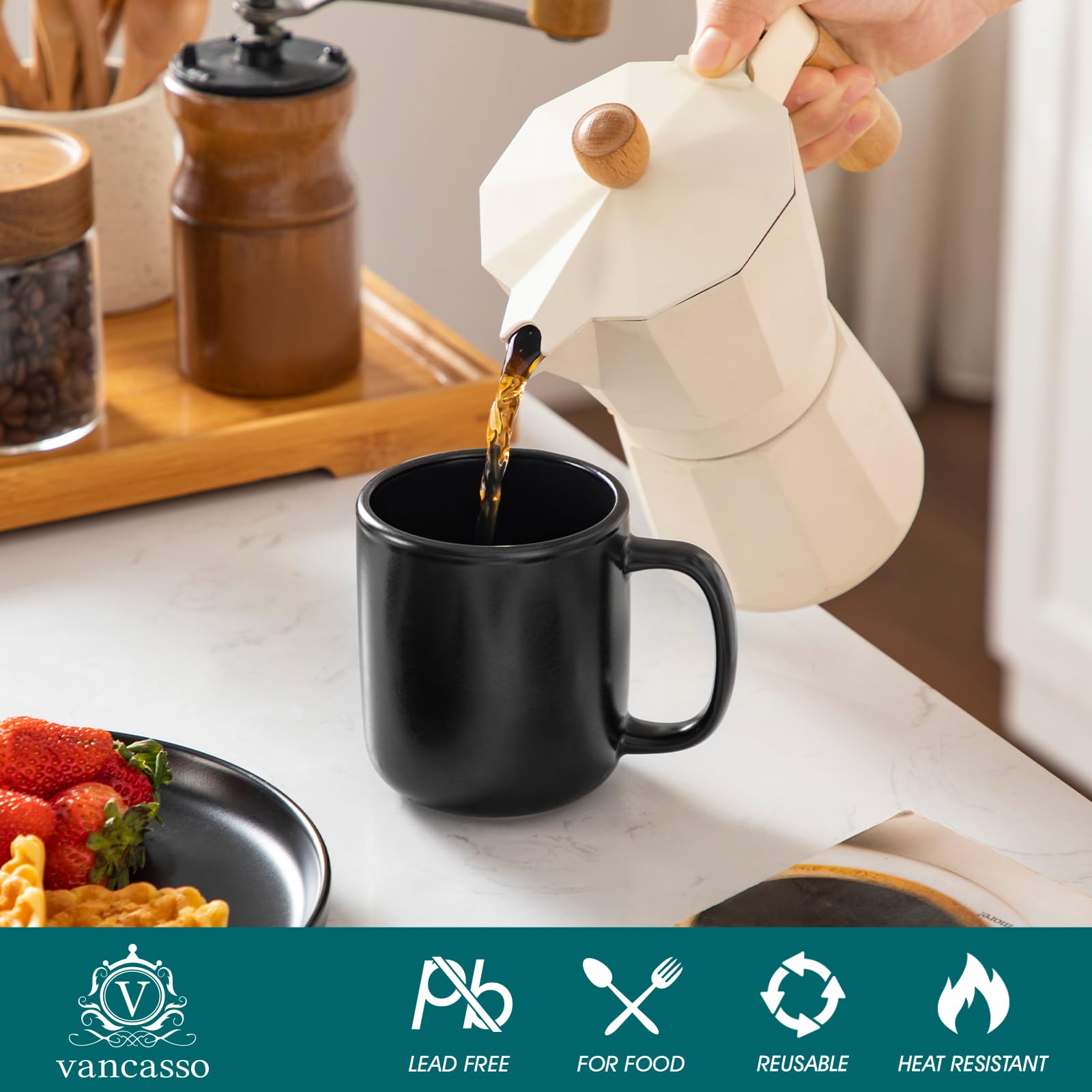Geschirrset 6 Personen, vancasso PLAYA Steingut Geschirr set 24tlg für 6 Personen, Schwarz Tafelservice mit Kaffeetassen set 6er