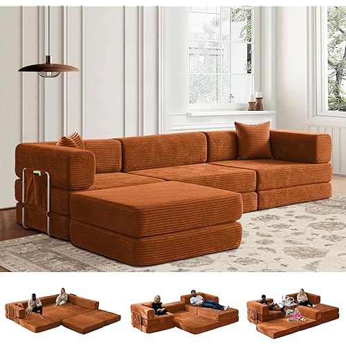 Folding Sofa Bed Convertable Corduroy Couch King Size Floor Sleeper 4-in-1 DIY Combination Modular Sofa Fold Out Futon Lounge Comfy Foldable Lazy cama for Living Room (Orange, 118″ Corner)