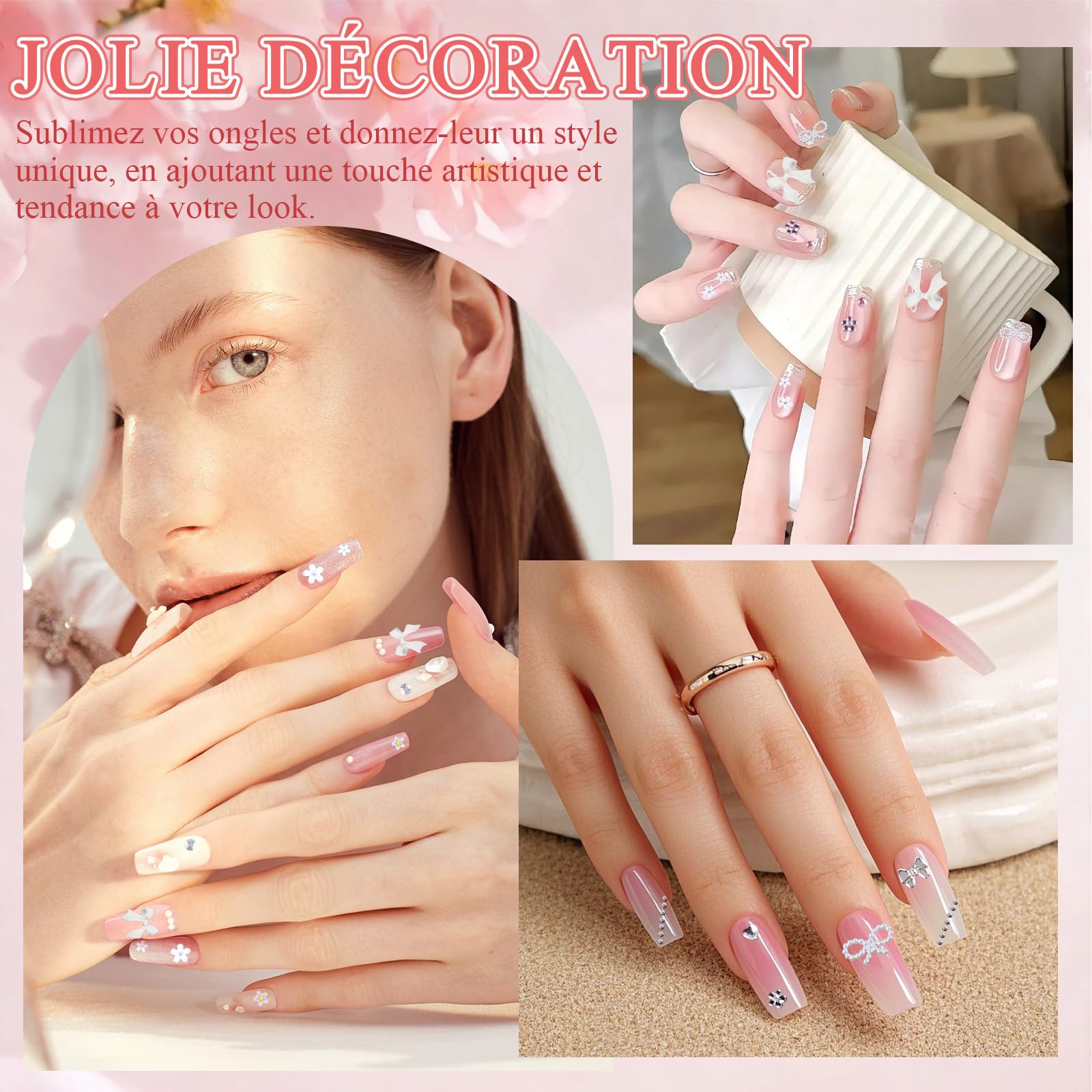 Solivive Lot de 7 Boîtes Strass Ongle Nail Art avec Bijoux Ongles, Nail Art Décorations 3D- avec Stylo à Cire pour Strass et Pinces à épiler