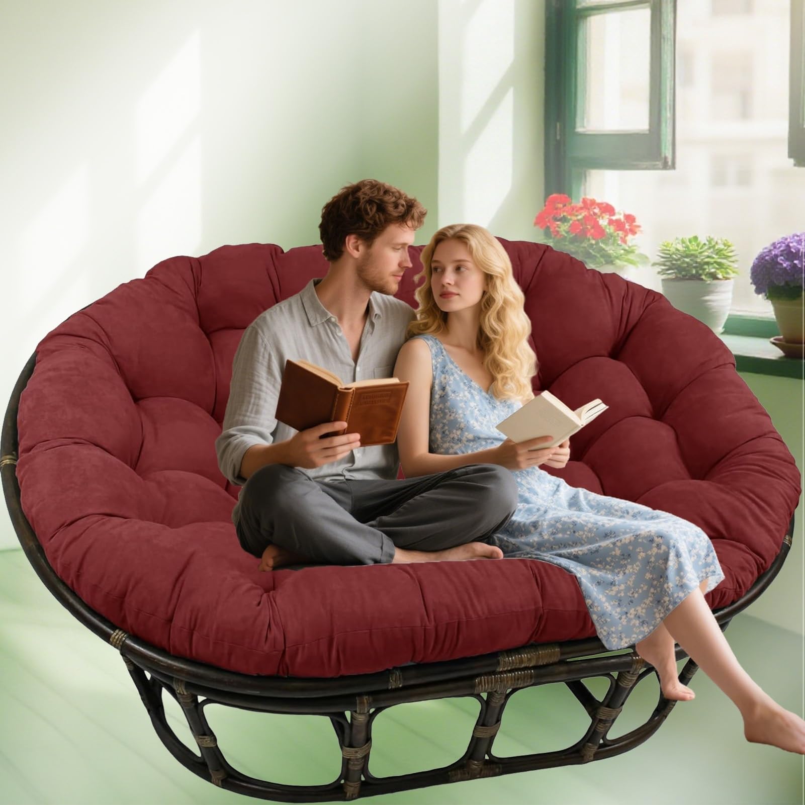 JNTFNE Oversized Double Cush - Thick Soft Tufted Wicker Egg Chair Pad for Outdoor Patio, Garden, Balcony & Porch Overstuffed Round Ultimate Comfort