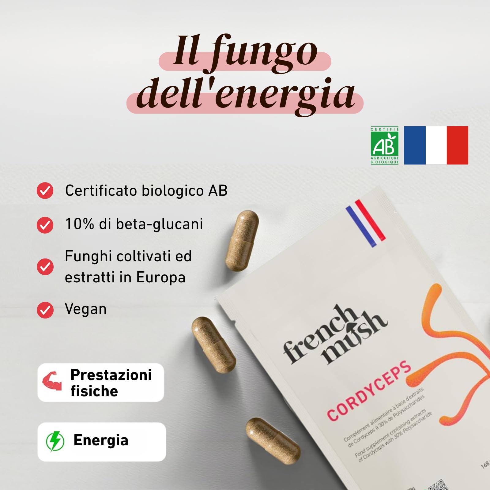 French Mush Doypack Cordyceps Bio - 168 Capsule Vegane - Benessere, Prestazioni Fisiche, Energia - 1 o 2 Capsule al Giorno - Integratore di Cordyceps
