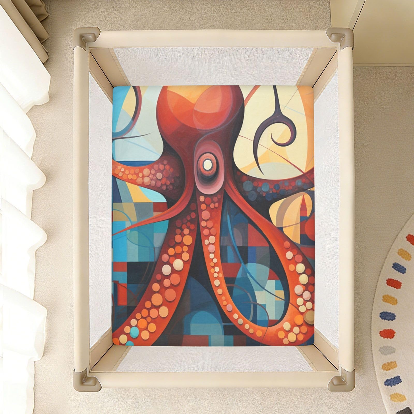Pulpo Abstracto Rojo Pixel Estilo Sábana de Cuna para Niños Pequeños,Sábanas de Algodón Suave para Bebés Aptas para Colchón Corralito