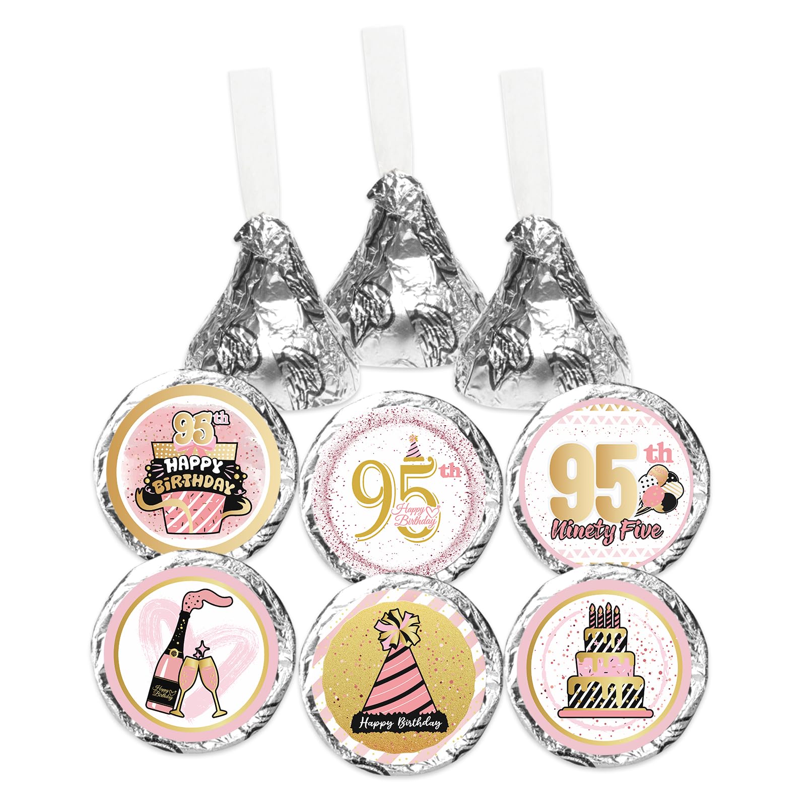 Rose Gold 95th Birthday Kiss Sticker Labels - 95 Years Old Birthday Party Round Candy Sticker Favors for Chocolate Drop Kisses - Great for Party Favors (Set of 150)