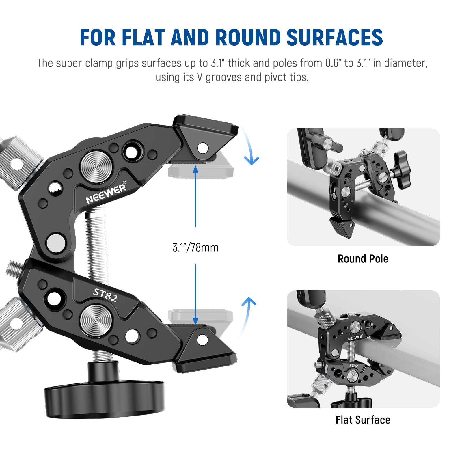NEEWER Super Clamp z dwoma 360° Magiczne Ramiona Podwójna Głowica Kulista, Gwinty 1/4" 3/8", adapter do montażu telefonu i kamery akcji kompatybilny z GoPro dji Insta360 DSLR