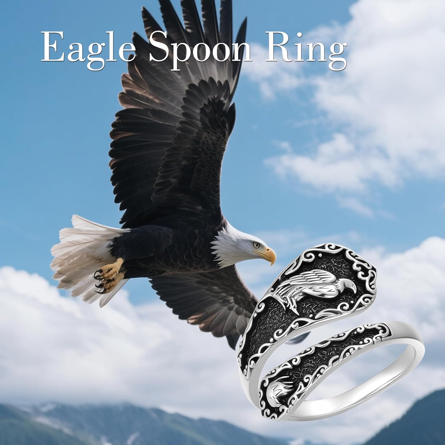 LONAGO Spoon Ring 925 Sterling Silver Black Onyx Spider/Wings/Eagle Rings Vintage Finger Open Antique Spoon Rings Adjustable Thumb Ring for Women - Image 6