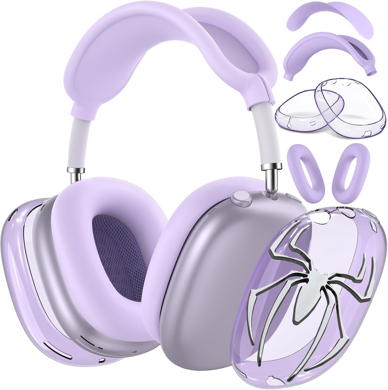 [4 in 1] Case Cover for AirPods Max Headphones (2024/2020) Ear Pad Case Cover/Headband Cover/Ear Cups Cover with 3D Spider Chrome Emblems Badges for