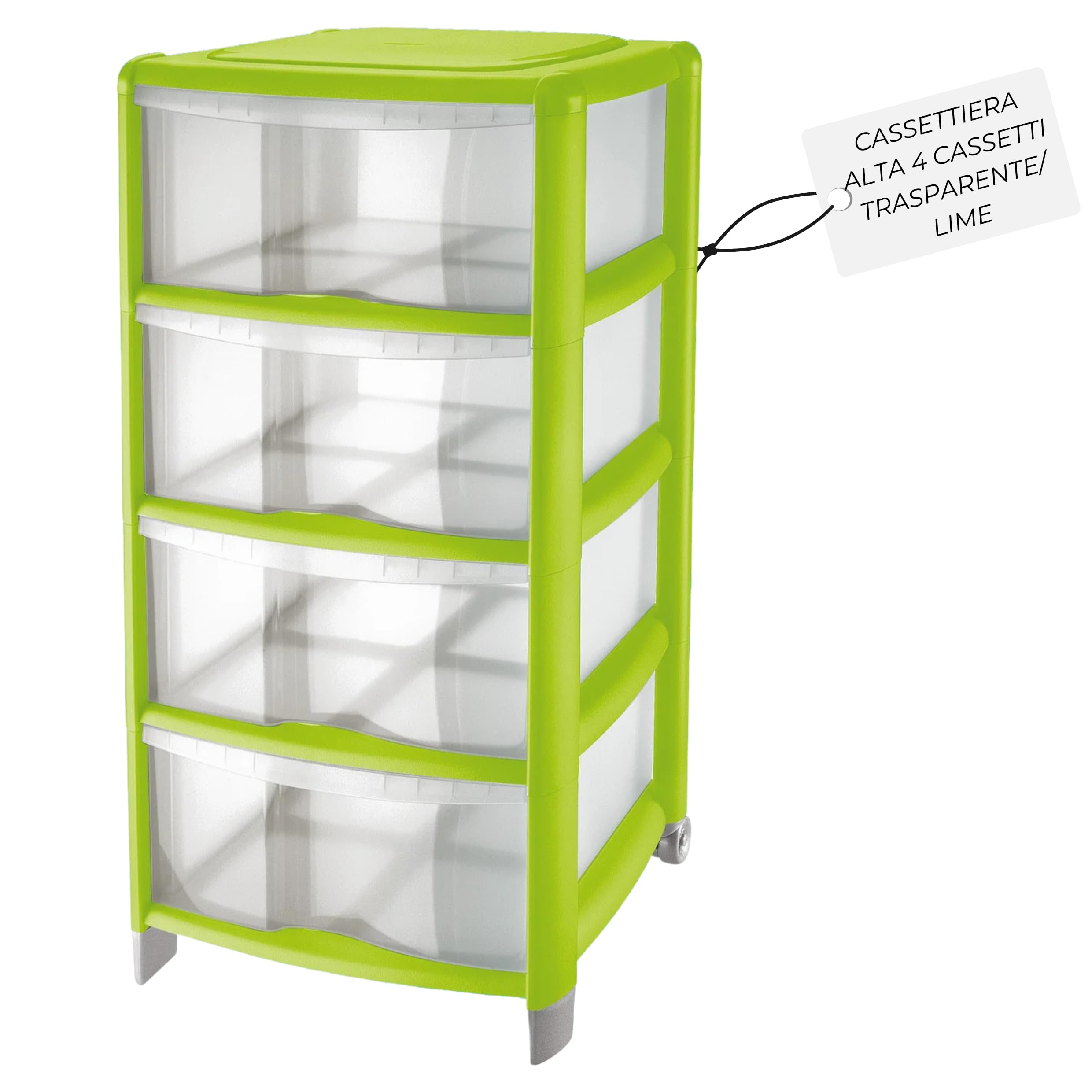 Cassettiera a 4 Cassetti Alta Design Moderno Multiuso con Piedini e Ruote Color Trasparente/Lime da Bagno,Ufficio,Camera,Ripostiglio 38,5x39,5xH86cm