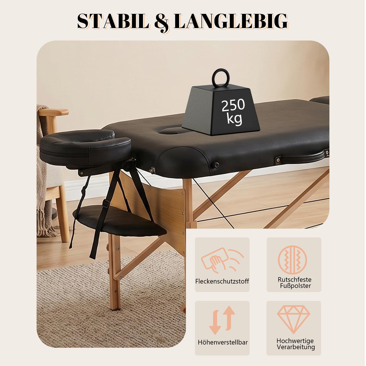 Kidol&Shellder Massageliege 70cm breit, klappbar höhenverstellbar, 250kg Tragfähigkeit, 9cm PU Polsterung, Tragetasche, rutschfeste Füße, Schwarz