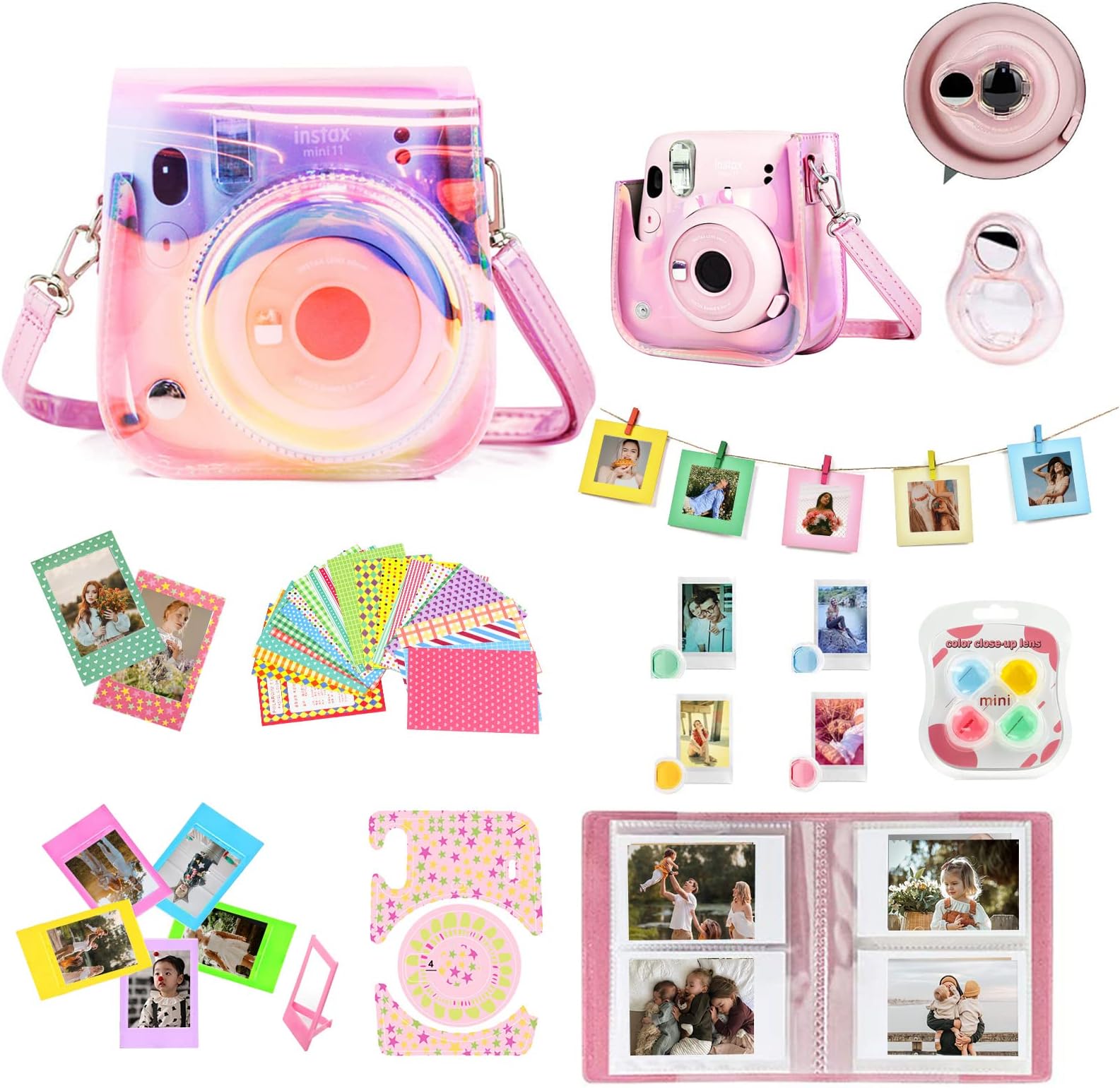 Mini 11 Accessories for Fujifilm Instax Mini 11 Instant Camera Include Case, Color Filters, Photo Album, 2x3 Frames, Selfie Lens and Stickers (Transparent Pink) (No Camera)
