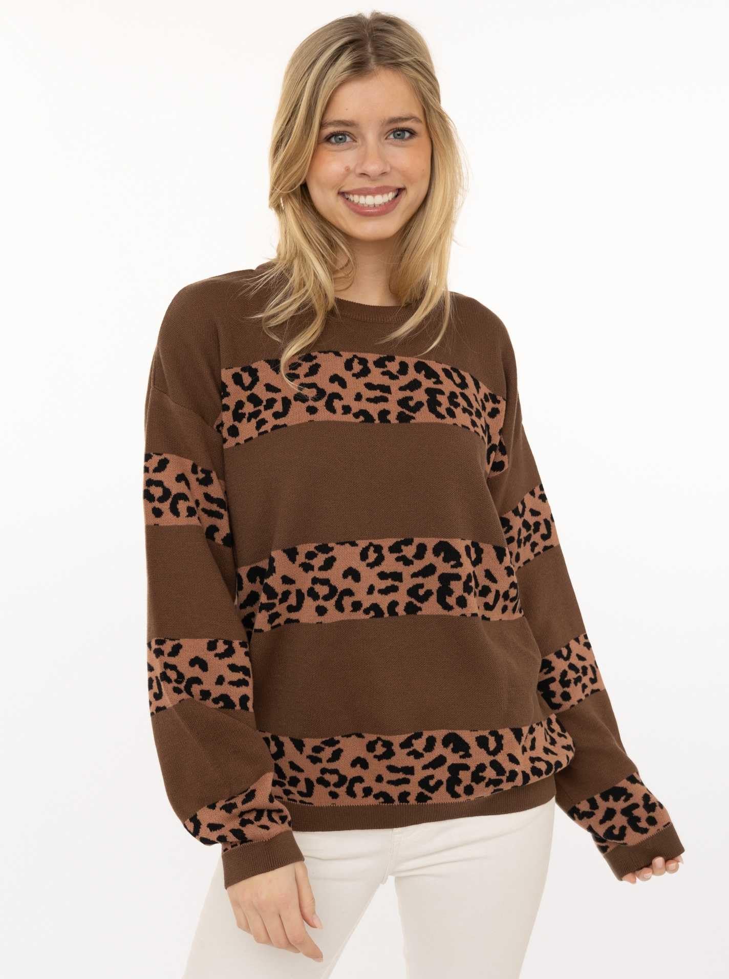 Zwillingsherz Damen Pullover – Sweater mit Animal Print Streifen – 100% Baumwolle – Weicher Strickpullover – Stylisch für Alltag, Herbst & Winter