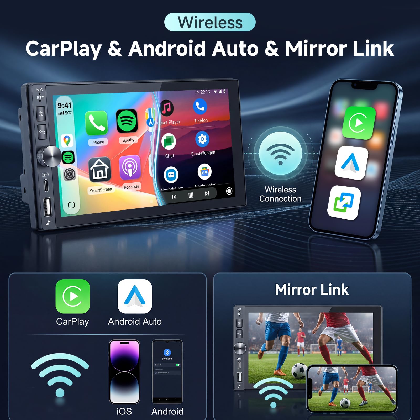 Hodozzy 4 GB + 128 GB Android radio samochodowe 2 DIN z bezprzewodowym Carplay Android Auto, 7 cali Incell ekran dotykowy radio samochodowe z nawigacją WLAN, DSP, Bluetooth, Mirror Link, SWC, FM/RDS