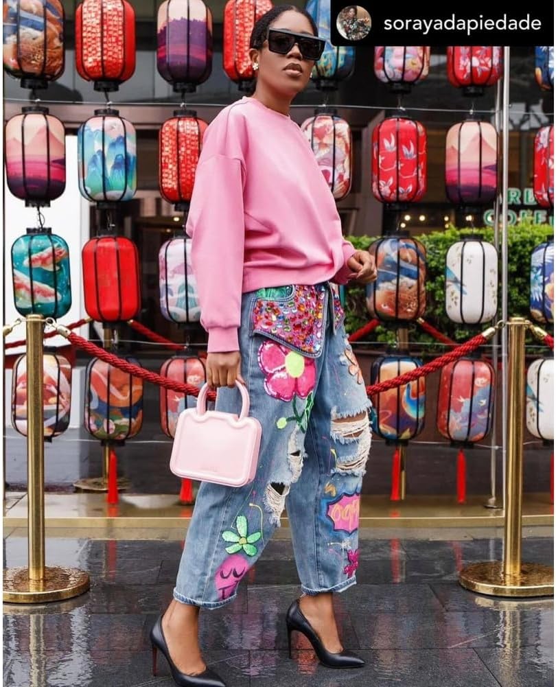 2025 New Women's Casual Rhinestone Loose Harem Jeans, Vintage Rhinestone Floral Ripped Baggy Cropped Jeans Denim Pants