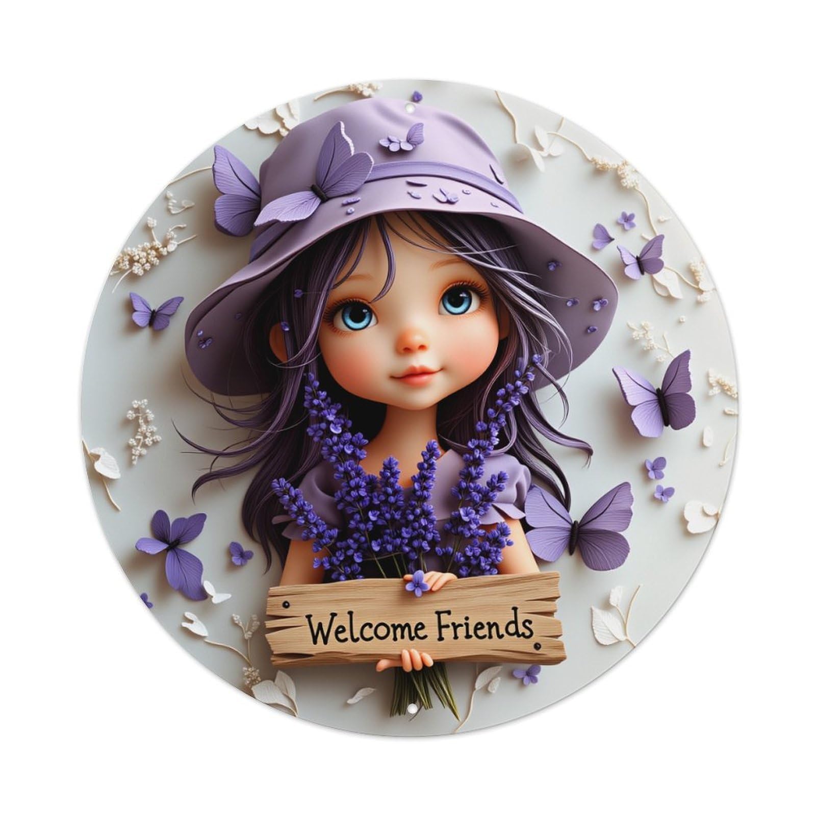 Wmlzdnwr Vintage Purple Hat Lavender Flowers Butterflies Welcome Sign Round Tin Sign,Retro Wall Art,Metal Poster For Home, Bar, Garage, Cafe, Rustic Indoor & Outdoor Decor, 8X8 Inches