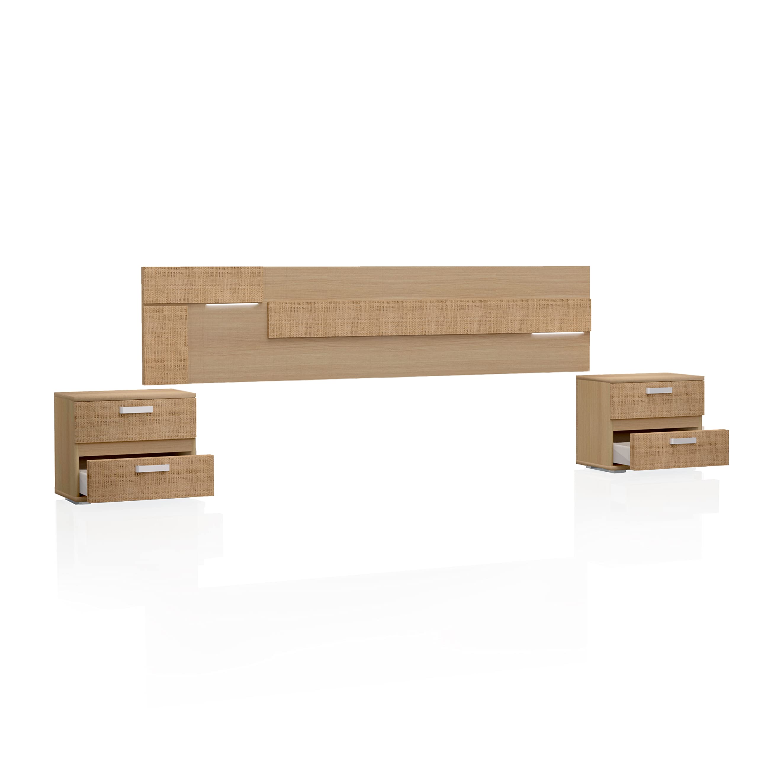 duehome | Pack Cabecero con Leds y 2 Mesitas de Noche, Dormitorio Doble, Dormitorio Completo, Modelo Ataneq Tex, Acabado en Tofe y Textil