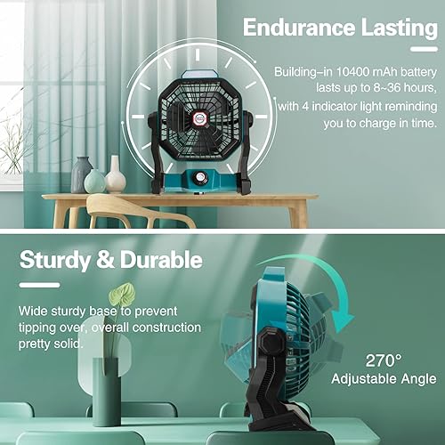 Miniatura 7 de CONBOLA Portable Battery Operated Fan with LED Lantern Small Tower Fan, Quiet Oscillating Portable Fan with 3 Speeds Timer for Home, Office
