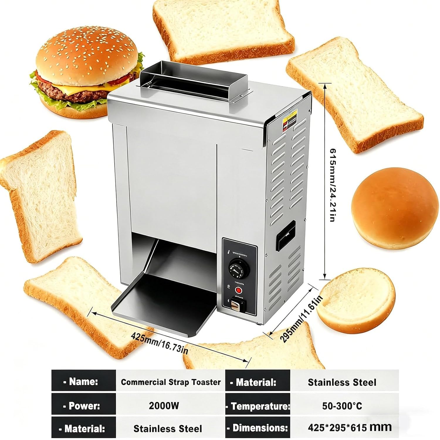 Tostapane a nastro professionale con controllo Pro Temp, riscaldamento uniforme a contatto verticale, spessore regolabile per panini da hamburger.