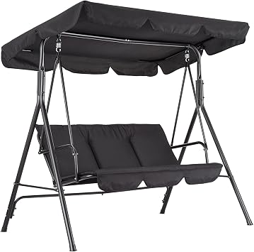 3-Seat Outdoor Patio Porch Swing with Stand, Adjustable Canopy & Thick Waterproof Cushions, Steel Frame Swing Outdoor Chair for Backyard, Front Porch, Lawn, Garden