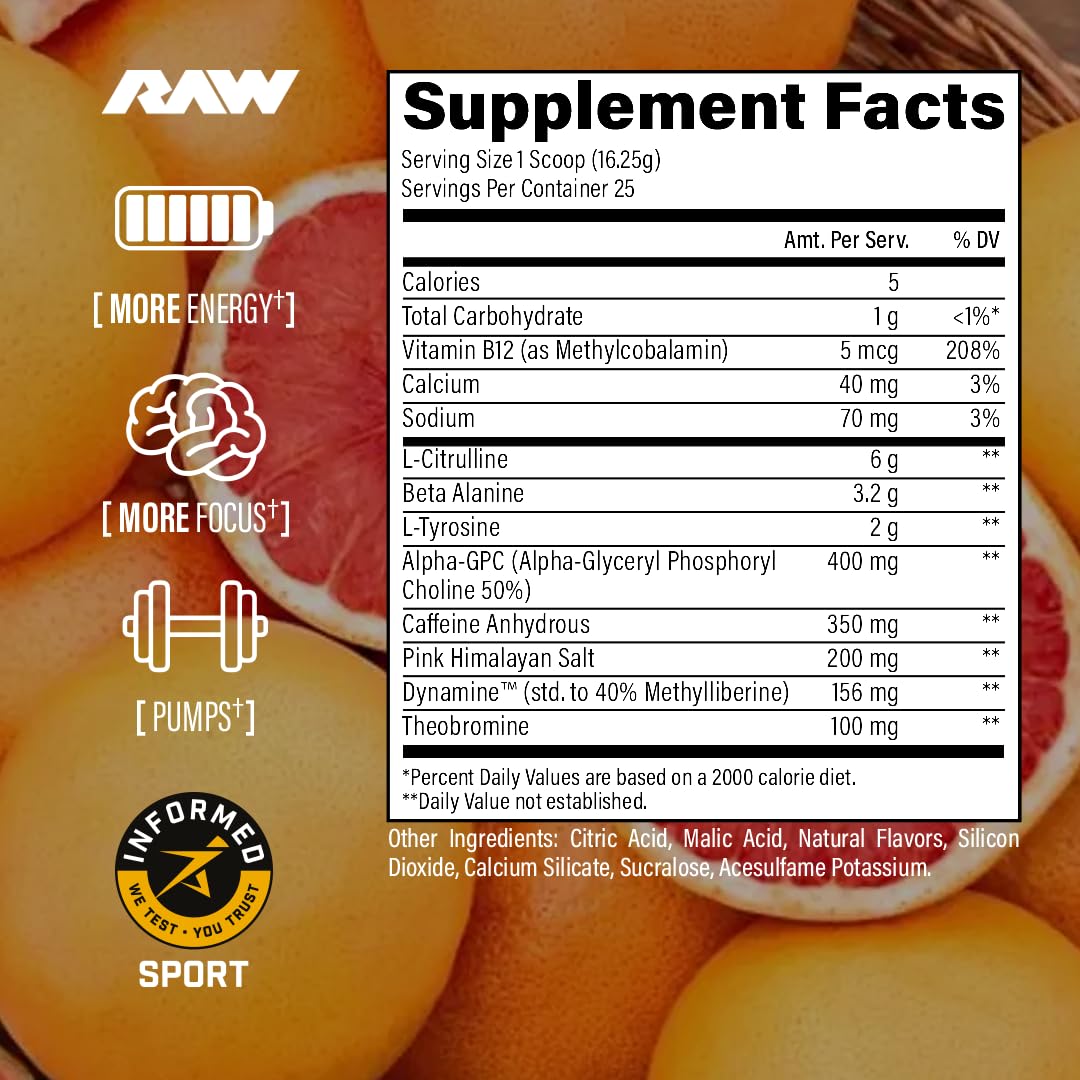 RAW Pre-Workout Powder, Essential CHARGED (Citrus Grapefruit) - Preworkout Supplement for Men, Women - Supports Focus, Mood, Performance - Caffeine, Alpha-GPC, L-Citrulline, Beta Alanine (25 Servings) — Amazon image 2