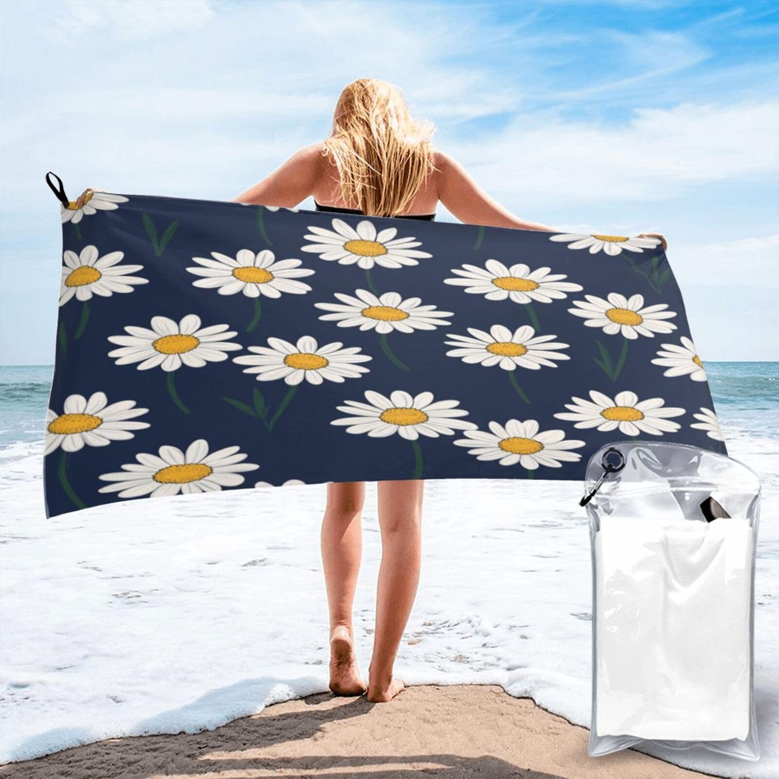 Anceky Seamless Daisy Pattern Dark Blue Background Quick Dry Microfiber Travel Towel with Carry Case and Carabiner 27.5"X55"
