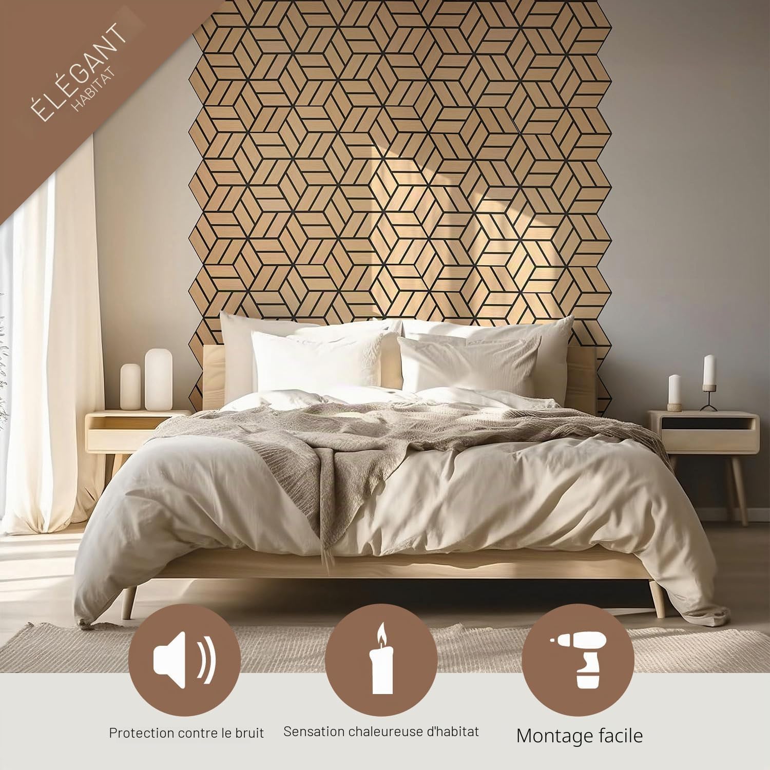 Homestyle4u Lot de 10 panneaux acoustiques hexagonaux - 30 x 26 x 2 cm - Naturel - Traitement acoustique - Insonorisation - Décoration murale