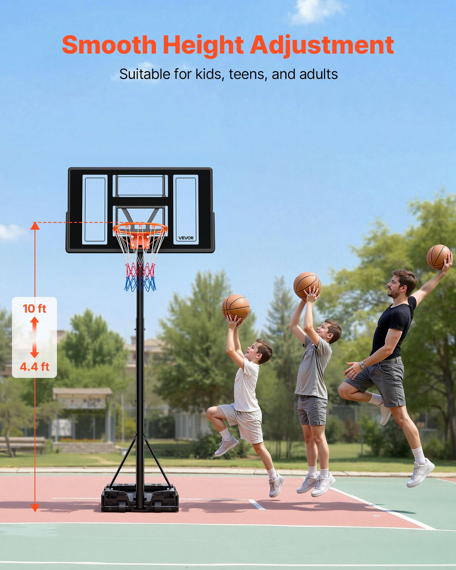 VEVOR Canestro da Basket da Esterno con Piedistallo Regolabile in Altezza Fino a 3,05 m con Ruote e Tabellone in PC da 1117,6 mm, Set di Tabelloni, Sistema di Canestro da Basket per Cortili, Piscine