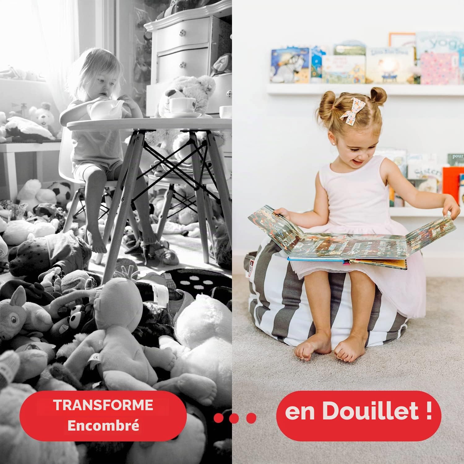 Creative QT Stuff 'n Sit Housse de Rangement pour Pouf Extra Large de 38 po pour Animaux en Peluche et Jouets - Velours côtelé Gris Clair