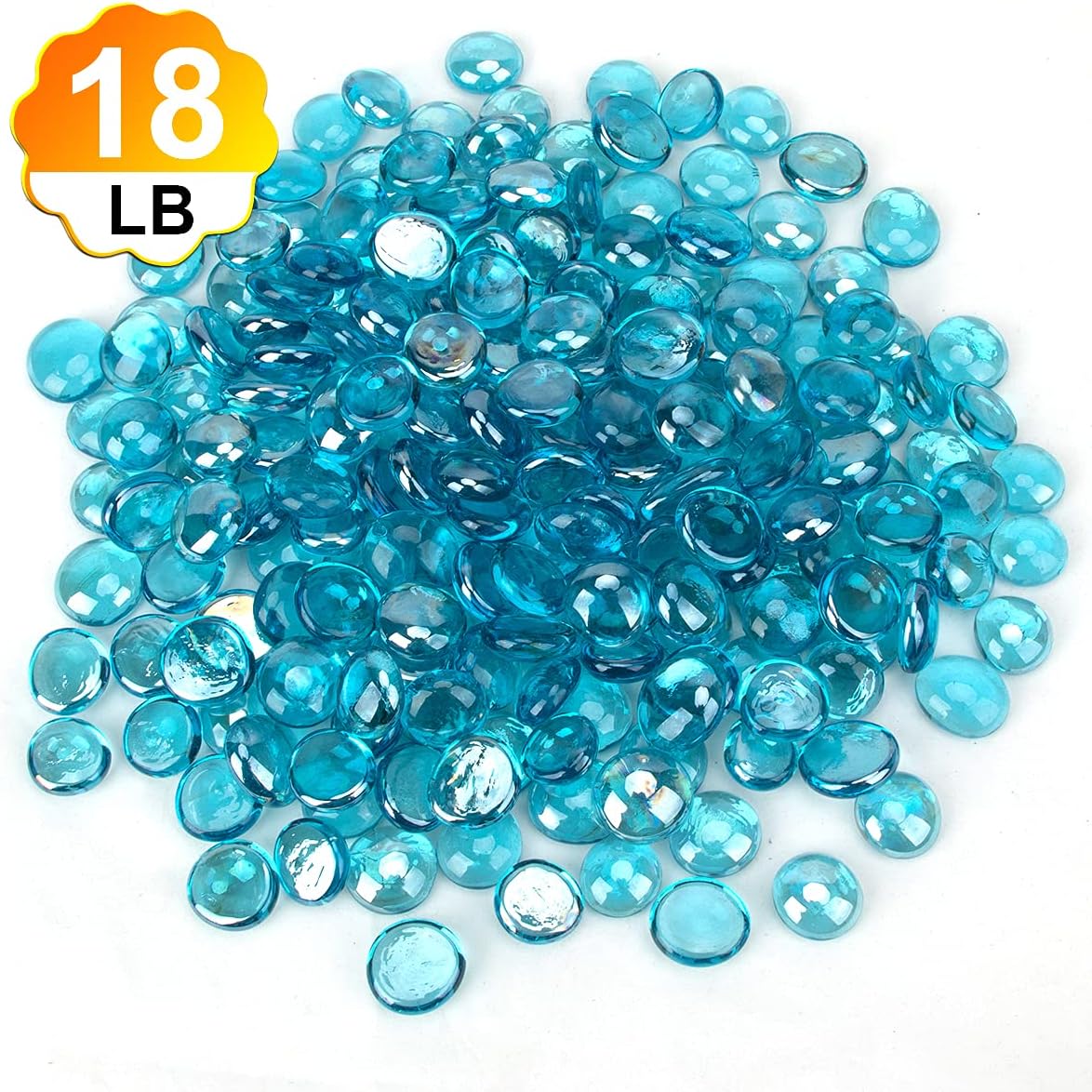 CFKJ [18 Pound] Fire Glass Beads Flat Glass Beads Fireglass Drops for Gas Fire Pit Fireplace Azure Blue Luster Reflective Decorative Glass Gems for Vase Fillers Fish Tank Aquarium Decoration (18.5)