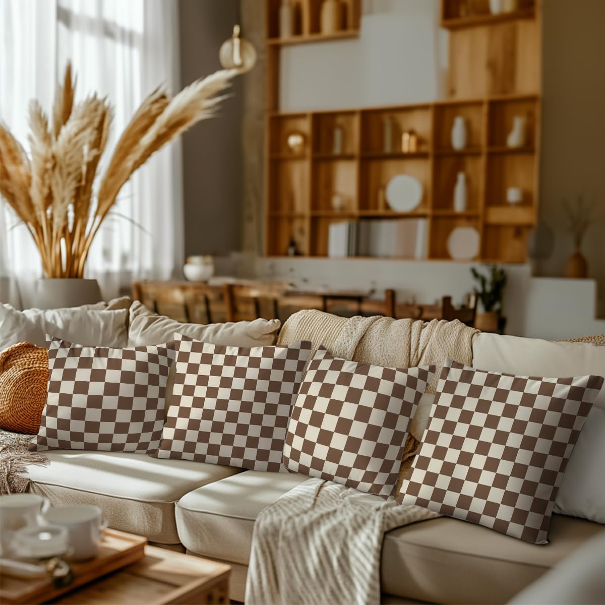Brown Checkered Pillow Covers 18x18 Pack of 2, Classic Plaid Chessboard Design Throw Pillow Covers, Pillow Covers for Living Room Bedroom Home Sofa Couch Decor, Aesthetic Cushion Covers Pillow Cases - Image 5