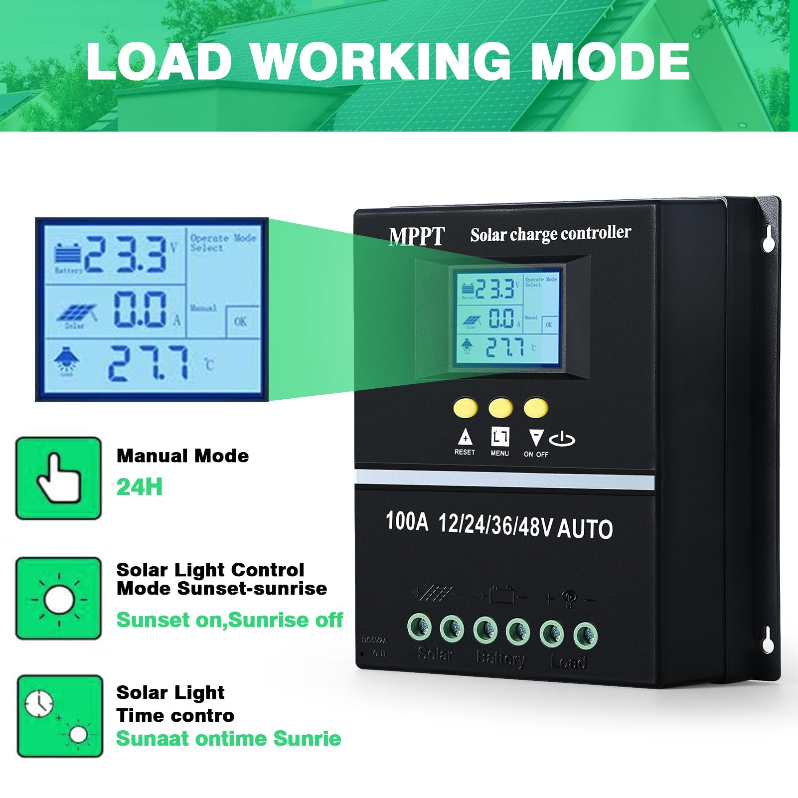 Regulador solar MPPT de 100A 12V/24V/36V/48V MPPT controlador de carga automático ID pantalla LCD Max 100V CC entrada de plomo/ácido/litio Dual USB negro