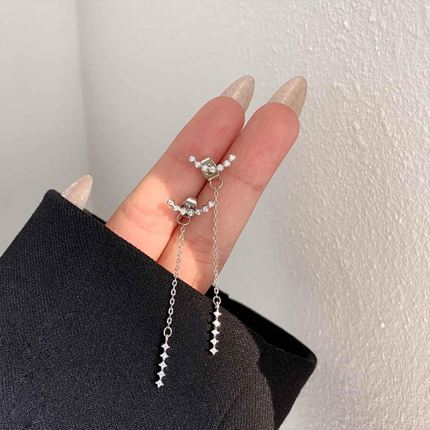 Bohemian Crystal Arc Earrings Long Tassel Chain Earrings Silver Arc Stud Earrings Vintage Long Chain Drop Earrings Jewelry for Women and Girls Party Gifts - Image 3