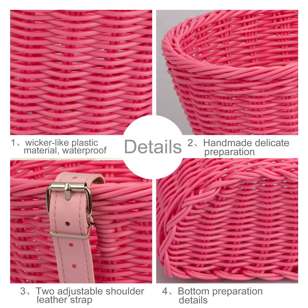 Kid's Bicycle Basket Streamers Set, Children's Bike Handlebar Wicker Basket Bike Streamers Bell and Stickers,Bicycle Decoration Accessories for Toddler Children Kids Girl (Pink)