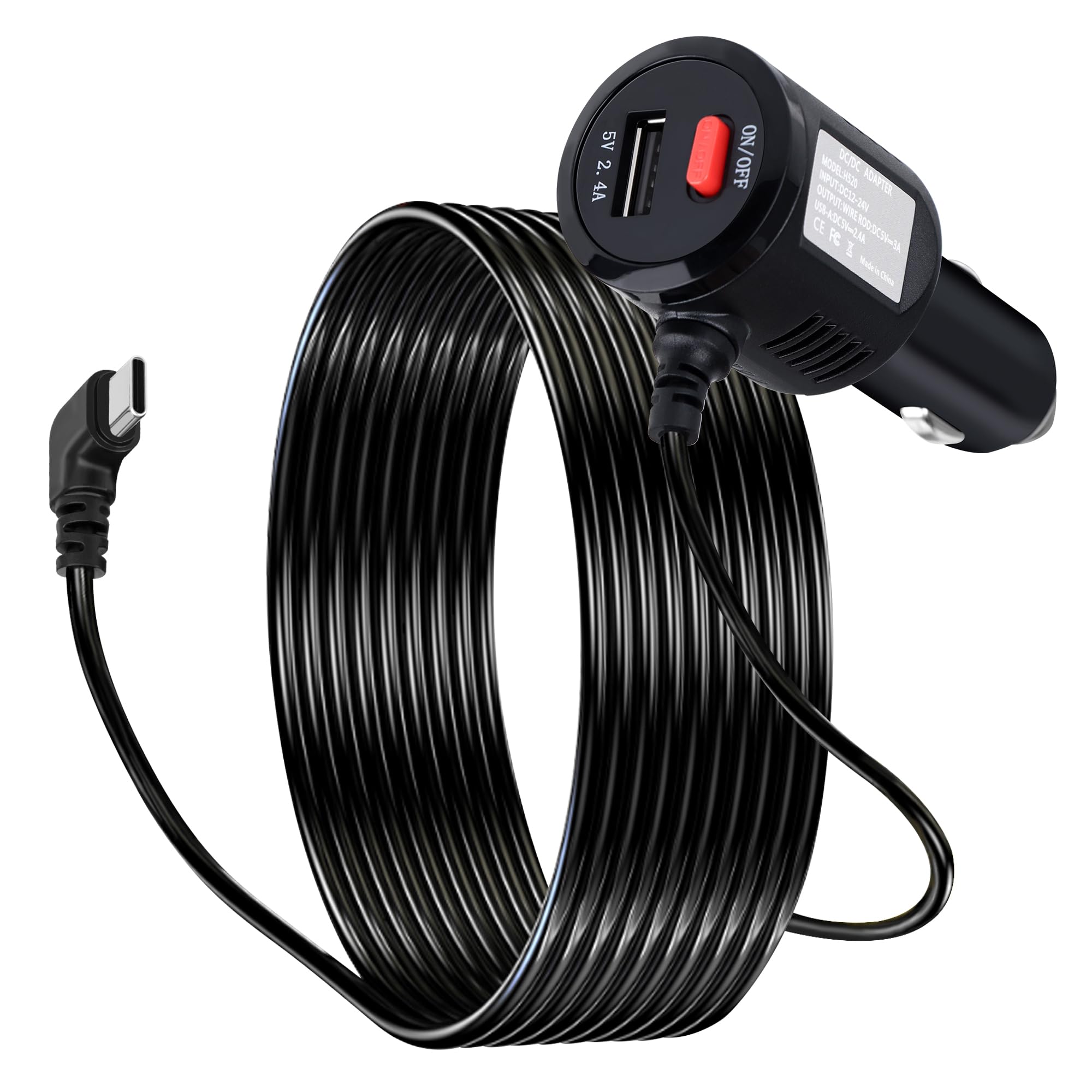 Cargador de cámara de salpicadero USB C, adaptador de corriente de doble puerto con interruptor tipo C en ángulo de 90 grados, cable de carga rápida para REDTIGER/Vantrue/Garmin GPS Navigator