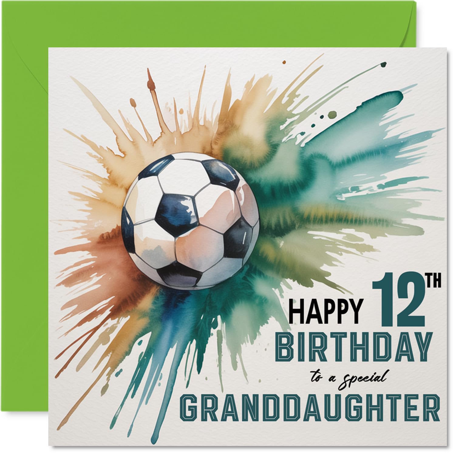 12th Birthday Cards for Granddaughter, Watercolour Football Splash