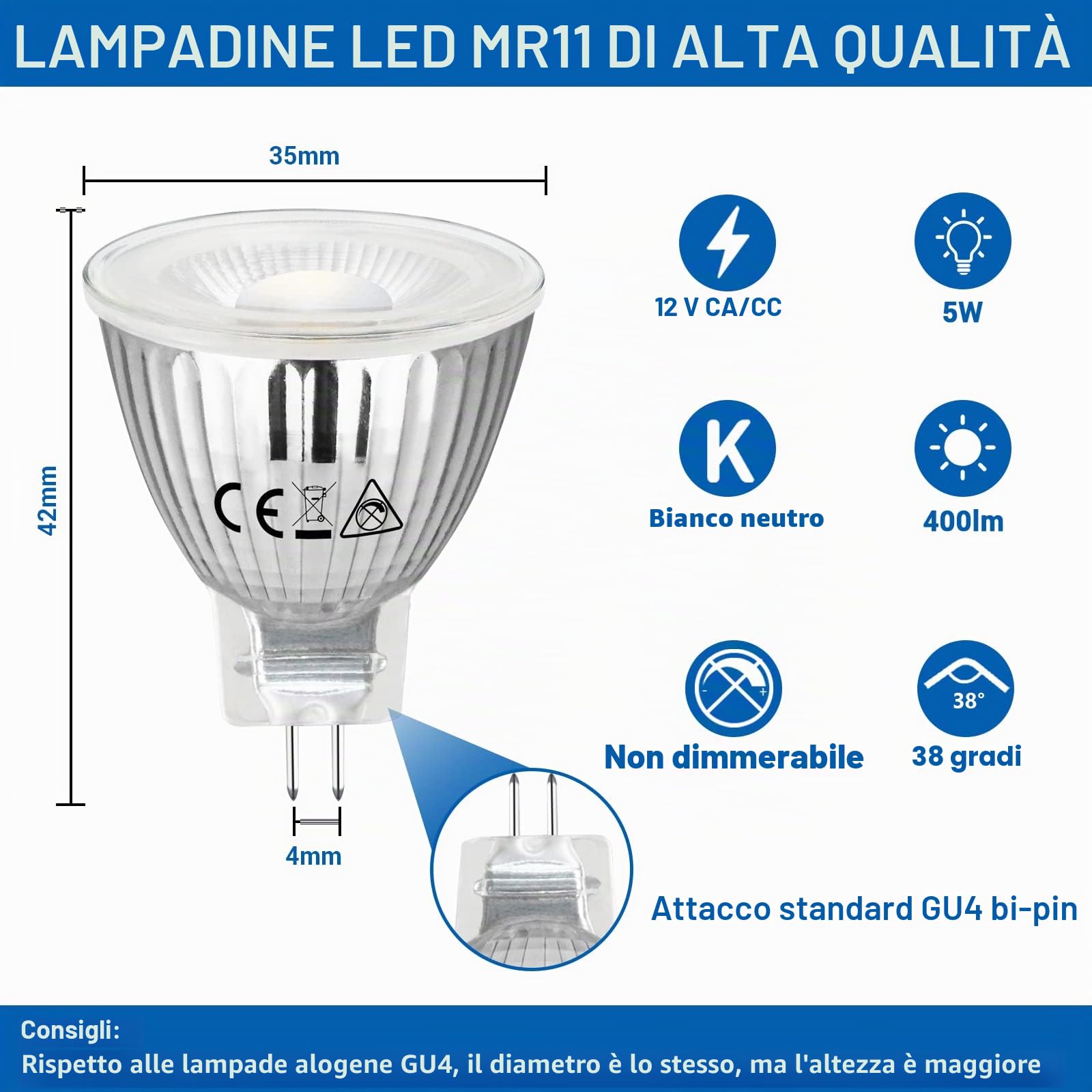 Allesgute GU4 Lampadine LED 5W, MR11 LED Spot Lampadina Luce 12V AC/DC, Diametro 35mm, 400LM, Bianco Neutro 4500K, Non Dimmerabile, Lampadine, Illuminante, Faretto, Set 10 Pezzi